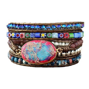 Bracelet Leather Wrap Bracelet with Semiprecious Stone, Crystal and Handmade Beads