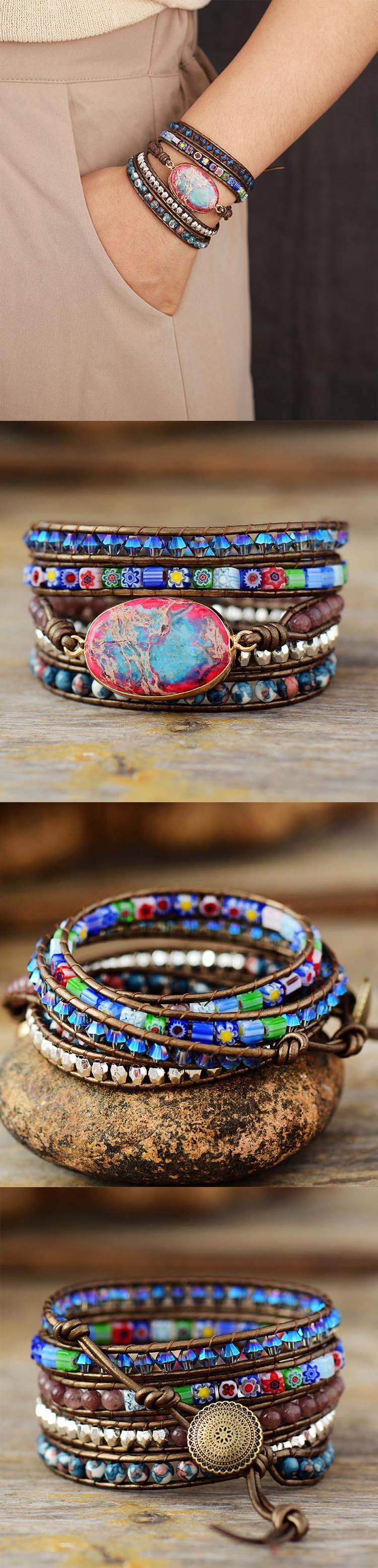 Leather Wrap Bracelet with Semiprecious Stone, Crystal and Handmade Beads